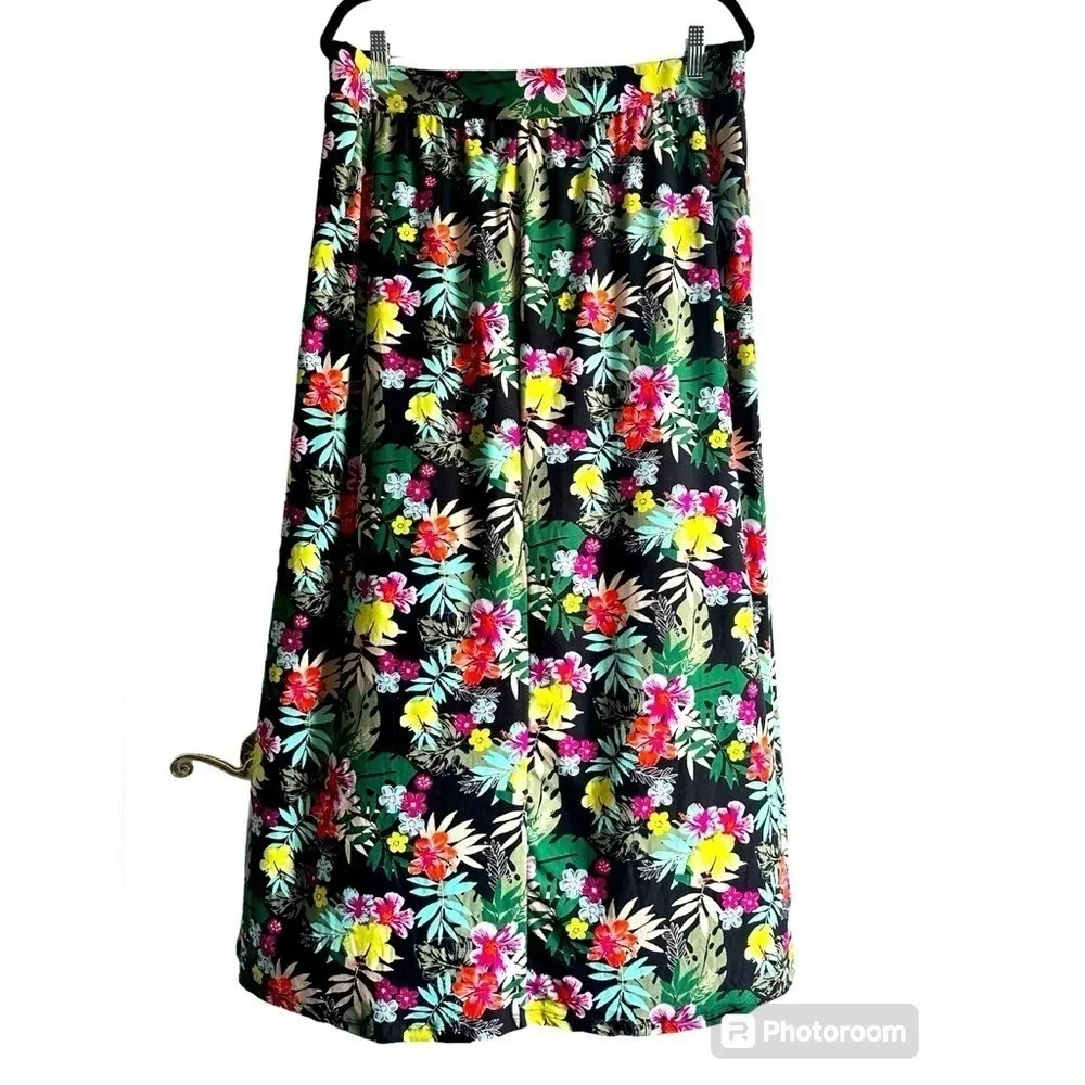 Terra & Sky multi colored tropical floral print maxi skirt w/ pockets Sz 1x